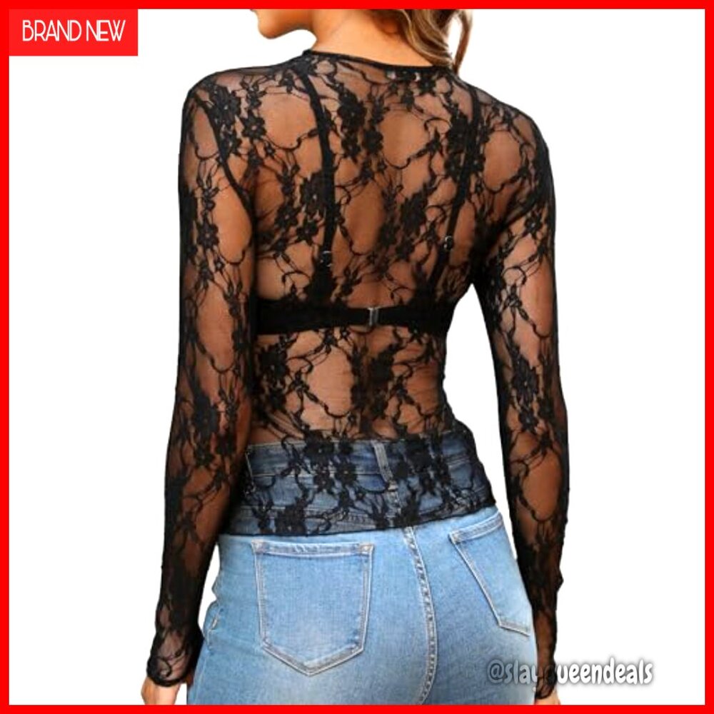 Mesh Long Sleeve Blouse Lace Embroidery Slim Fit See Through Top - Picture 4 of 6